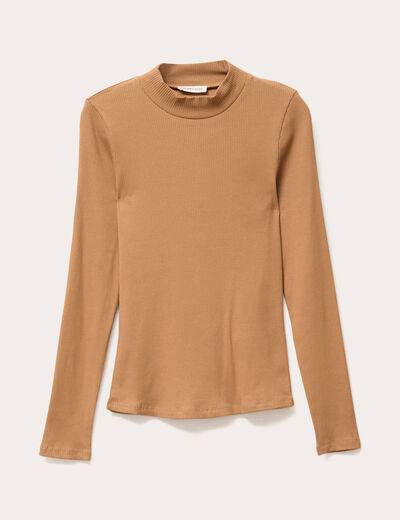 T-shirt manches longues côtelé marron clair femme