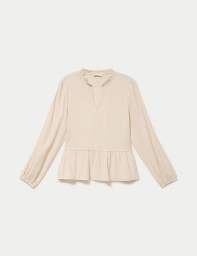 Blouse ample col v manches longues beige femme