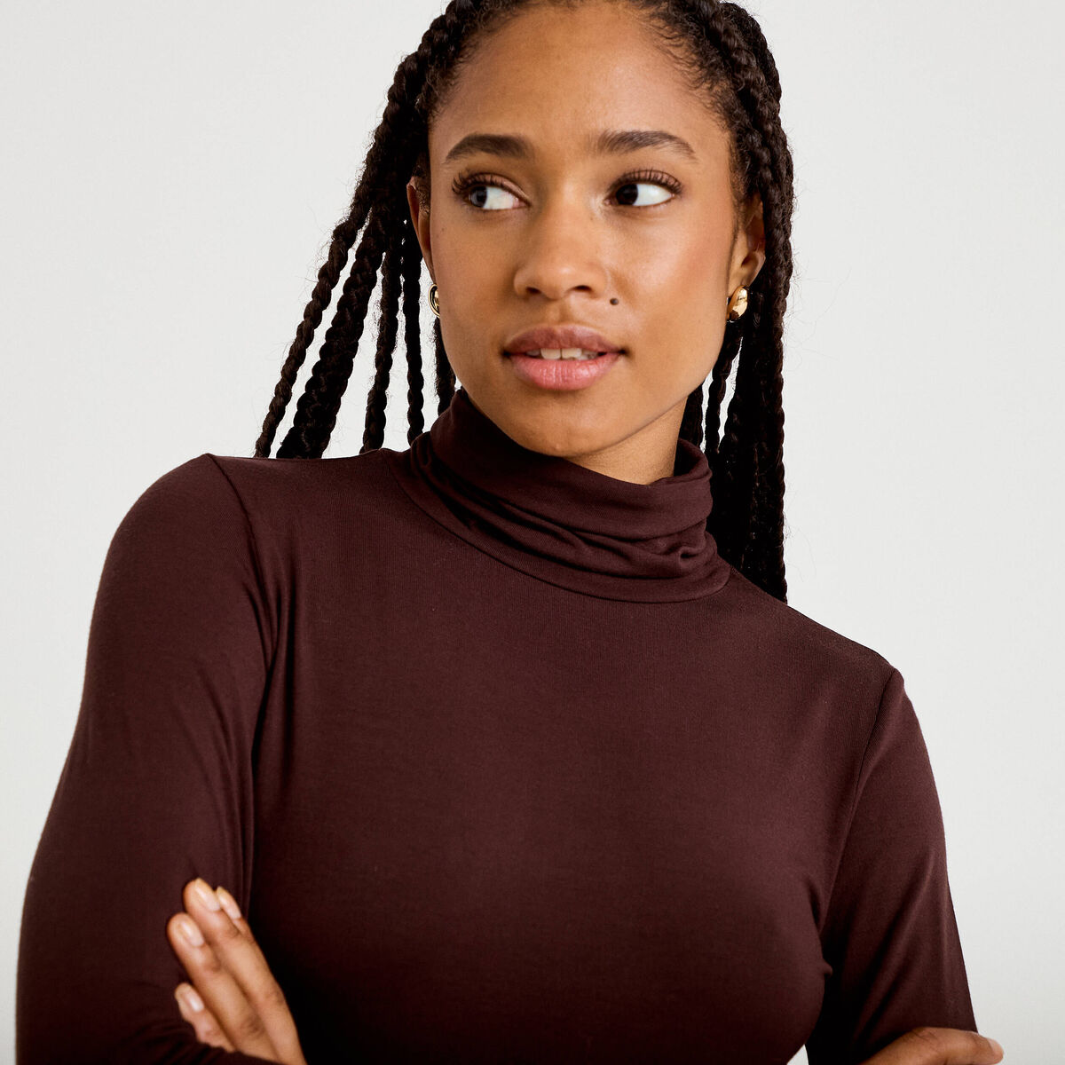 T-shirt uni &agrave; manches longues marron fonc&eacute; femme
