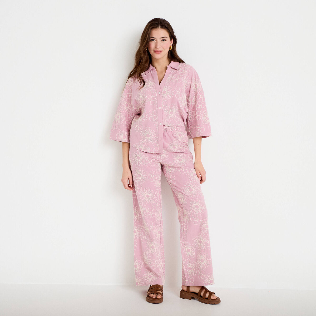 Pantalon large taille standard rose clair femme