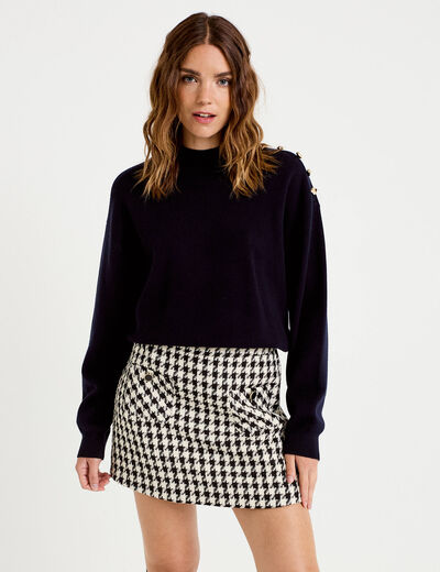 Jupe-short trap&egrave;ze tweed taille haute noir femme