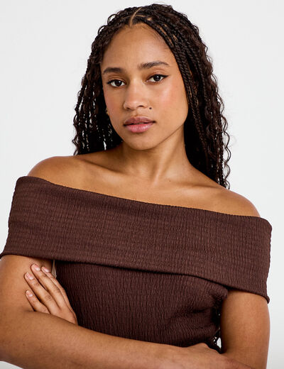 Top col bardot marron fonc&eacute; femme