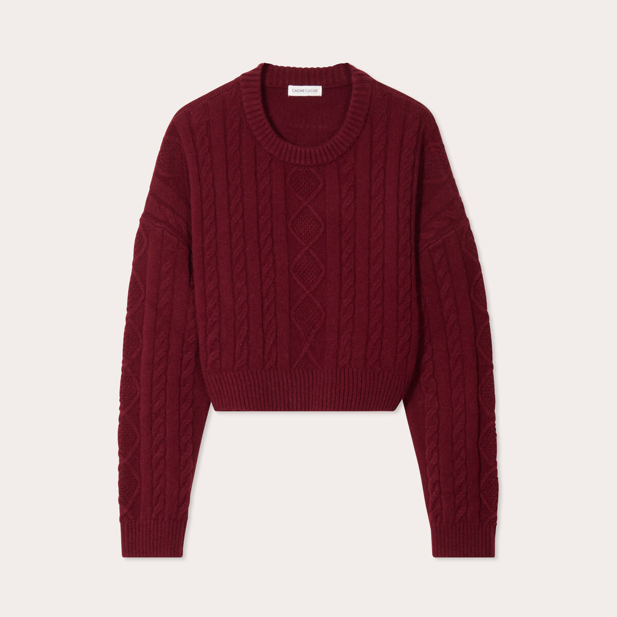 Pull avec torsades rouge fonc&eacute; femme