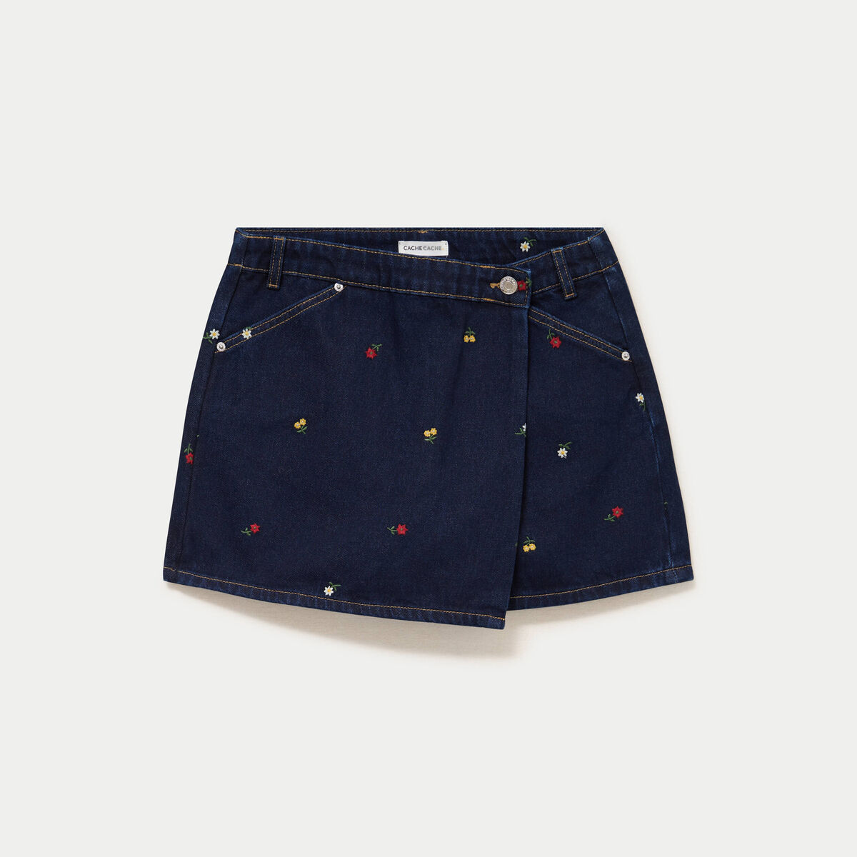 Jupe-short trap&egrave;ze en jean bleu marine femme