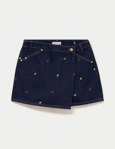 Jupe-short trap&egrave;ze en jean bleu marine femme