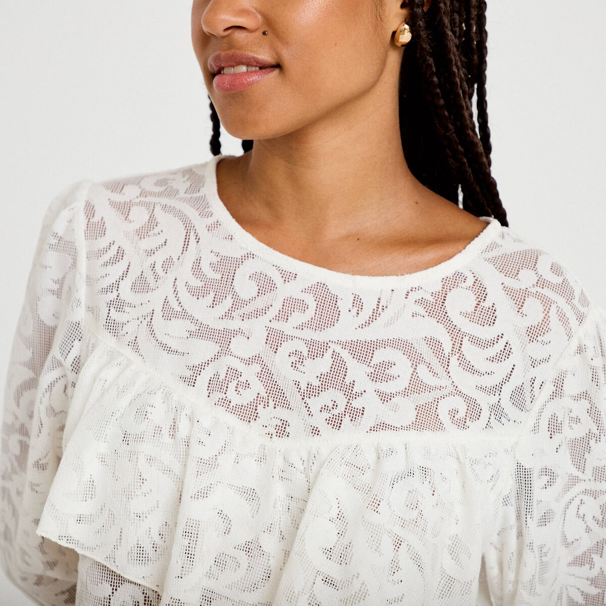 Blouse en dentelle manches longues ecru femme