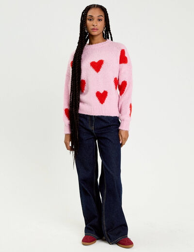Pull oversize motif coeurs rose clair femme