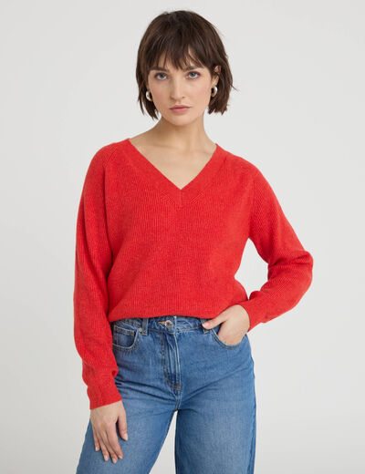 Pull fin col v rouge femme