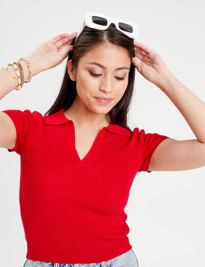 T-shirt manches courtes col polo rouge femme
