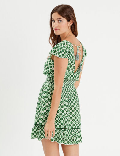 Robe évasée taille smockée vert femme