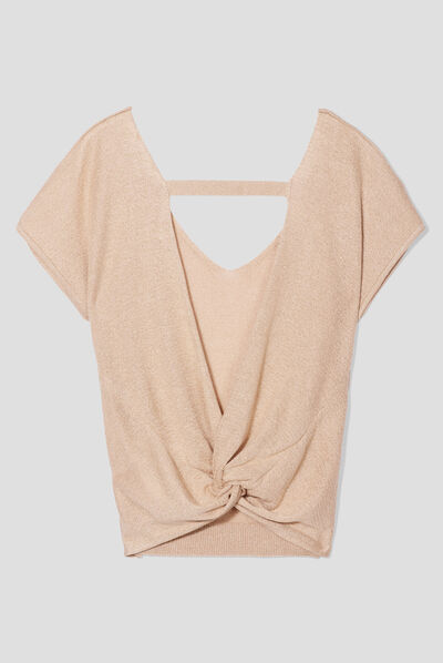Pull col en V dos ouvert sable femme