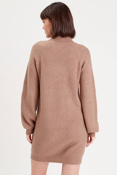 Robe pull droite col montant marron femme