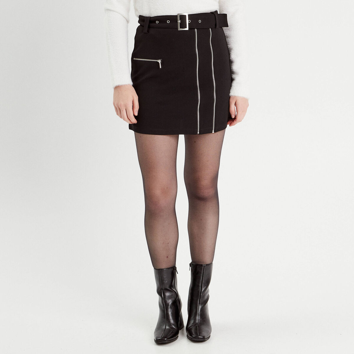Jupe droite détails zippés noir femme
