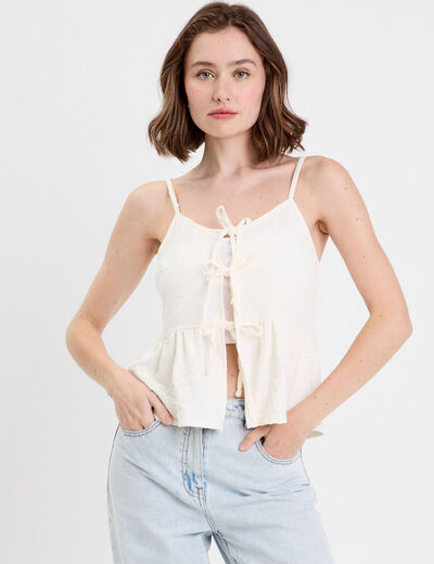 Top droit cropped col v plissé ecru femme