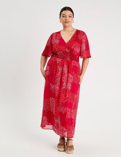 Robe longue évasée col en V rouge femme