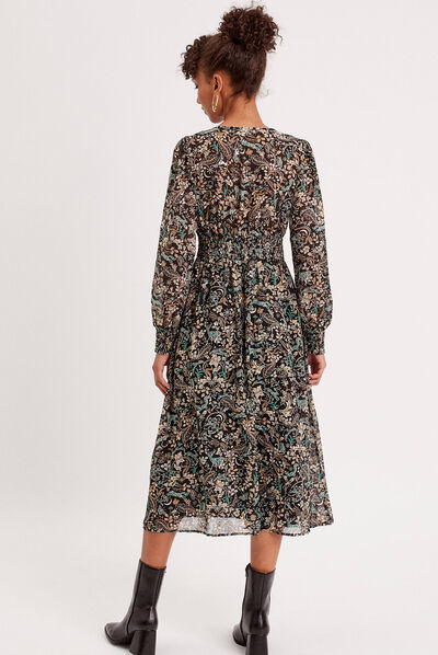 Robe midi évasée col en V noir femme