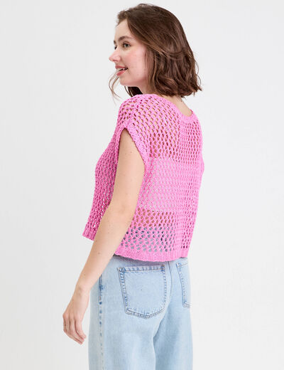 Débardeur ajouré aspect dentelle rose femme