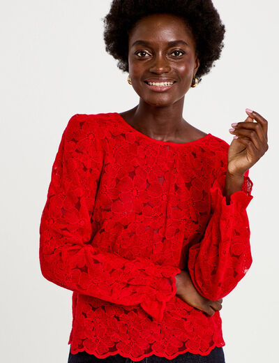 Blouse en dentelle d&eacute;collet&eacute; dos rouge femme