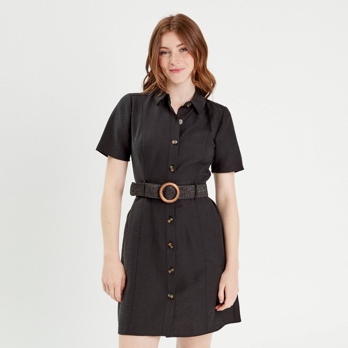 Robe trapèze ceinturée noir femme
