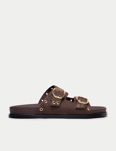 Mules d&eacute;tails clout&eacute;s marron fonc&eacute; femme