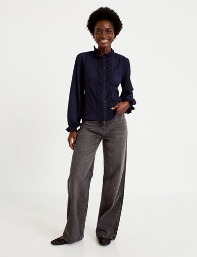 Blouse droite col montant dentelle bleu marine femme