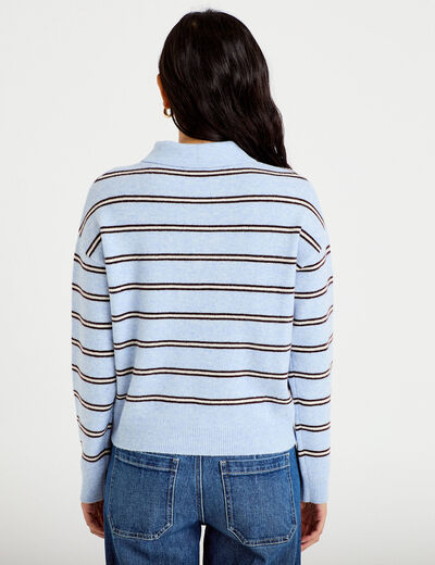Polo manches longues col chemise bleu ciel femme