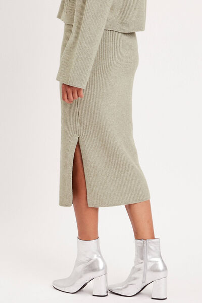 Jupe longue tricot moulante vert kaki femme