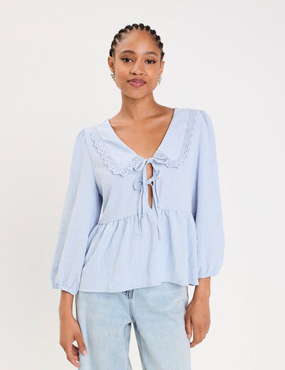 Blouse col claudine denim snow gris femme