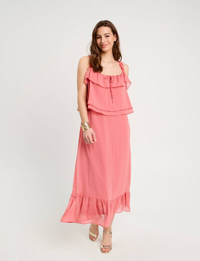 Robe longue droite volants rose pastel femme