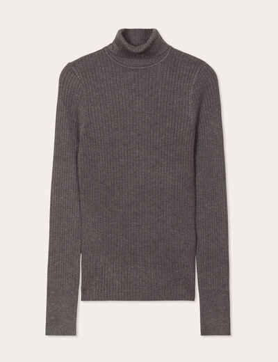 Pull col roulé côtelé gris foncé femme