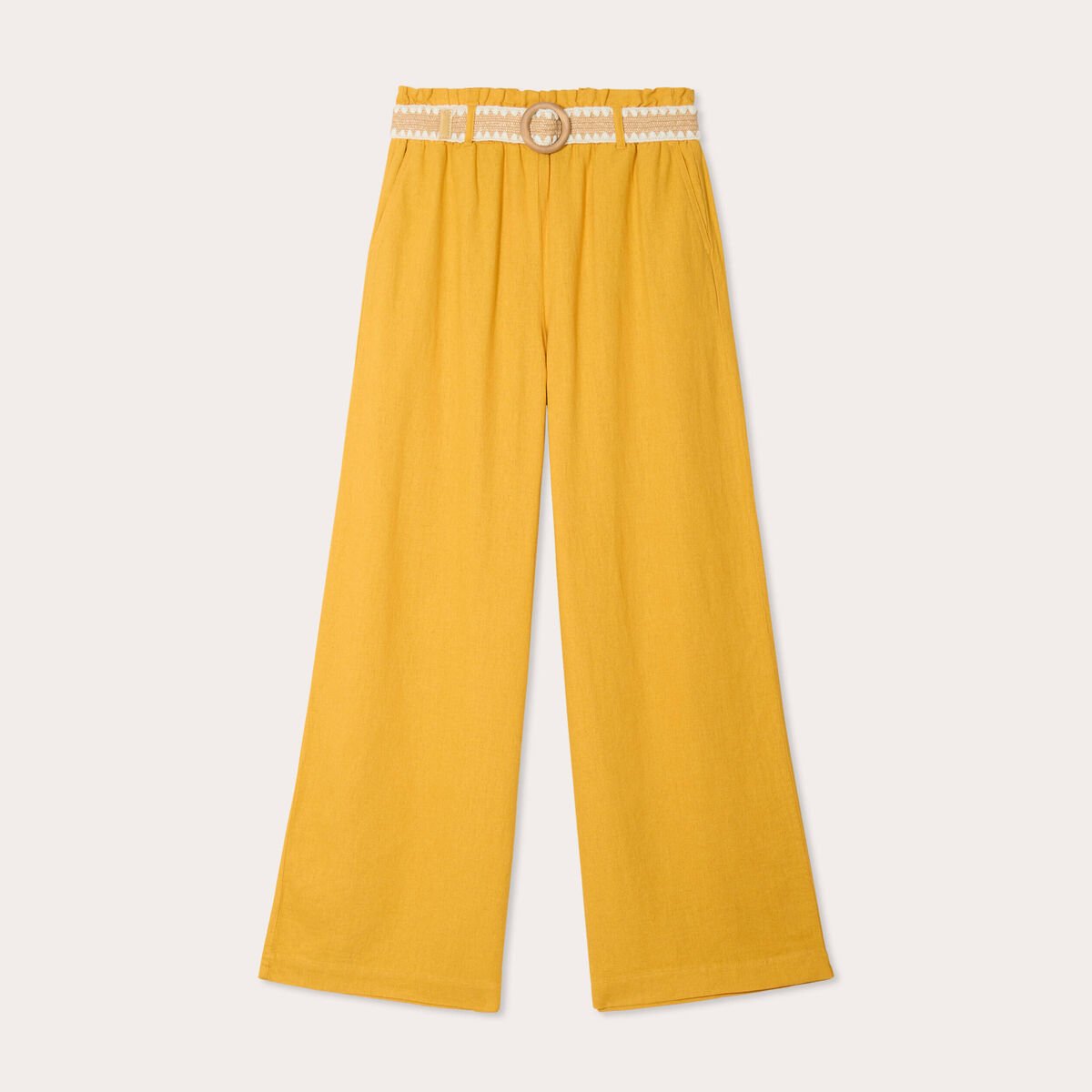 Pantalon large ceinturé contenant du lin jaune citron femme