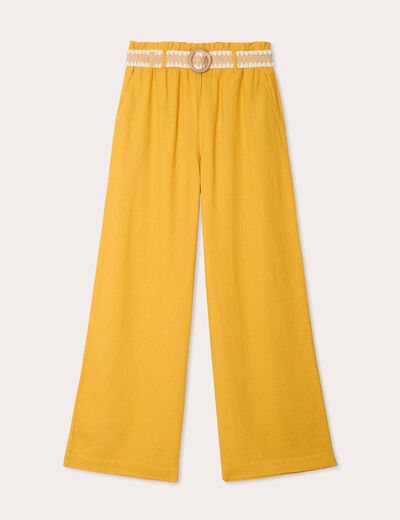 Pantalon large ceinturé contenant du lin jaune citron femme
