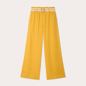 pantalon large ceinture contenant du lin jaune citron femme Pantalon large ceinturé contenant du lin jaune citron femme
