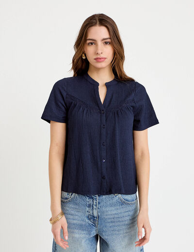 Blouse pliss&eacute;e col v manches courtes bleu fonc&eacute; femme