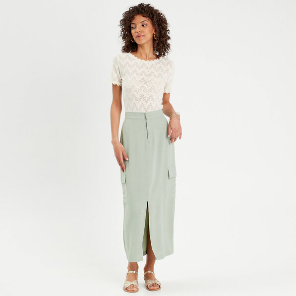Jupe droite poches à rabat vert olive femme