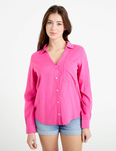 Chemise lin col V manches longues rose femme