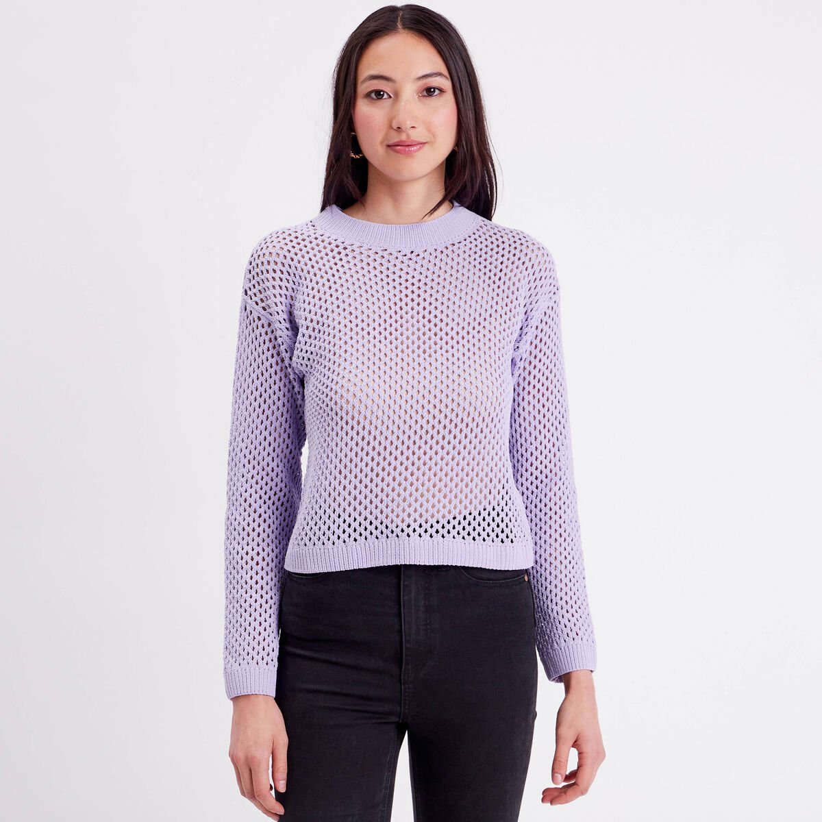Pull ajouré col rond parme femme