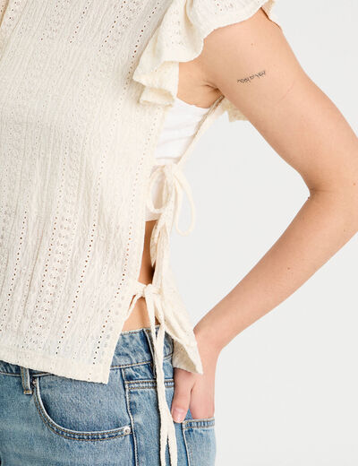 T-shirt brodé avec volants ecru femme