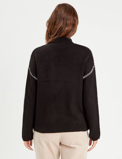 Pull brodé col montant noir femme