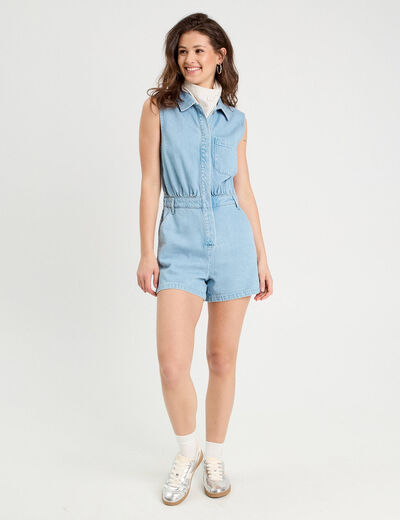Combishort flare en jean denim bleach femme
