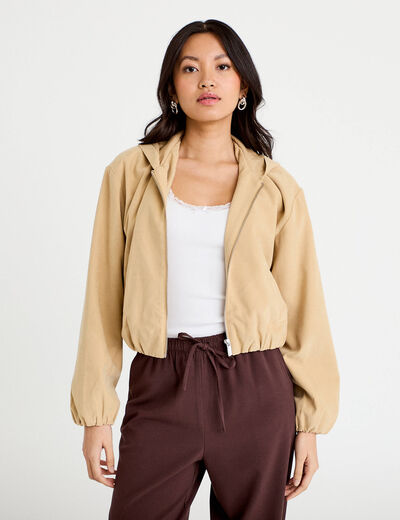 Veste cropped &agrave; capuche manches longues beige femme