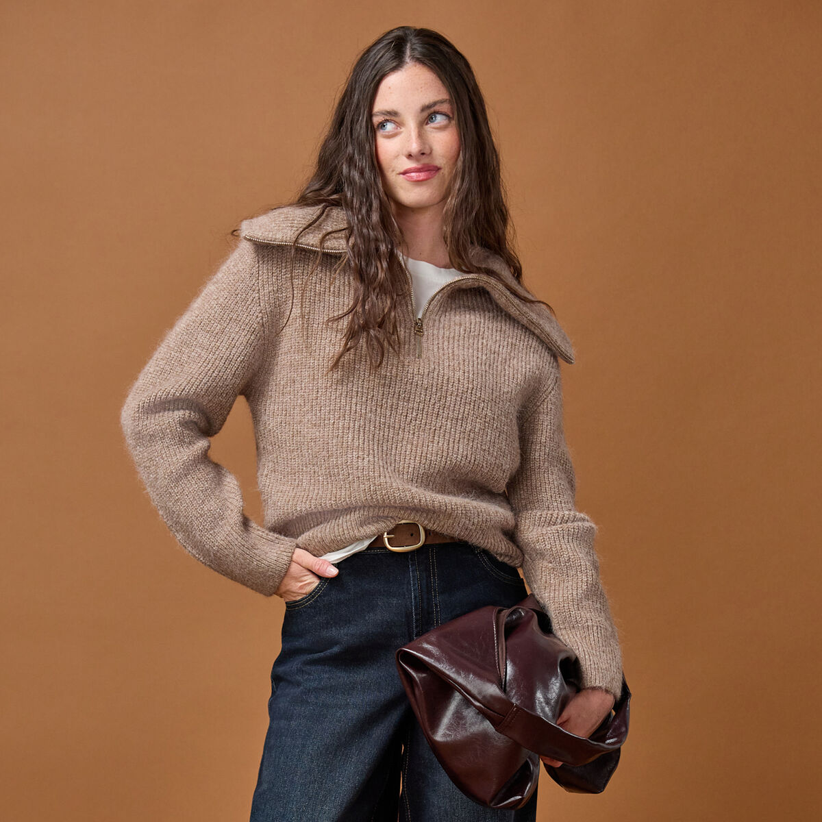 Pull col camionneur manches longues beige femme