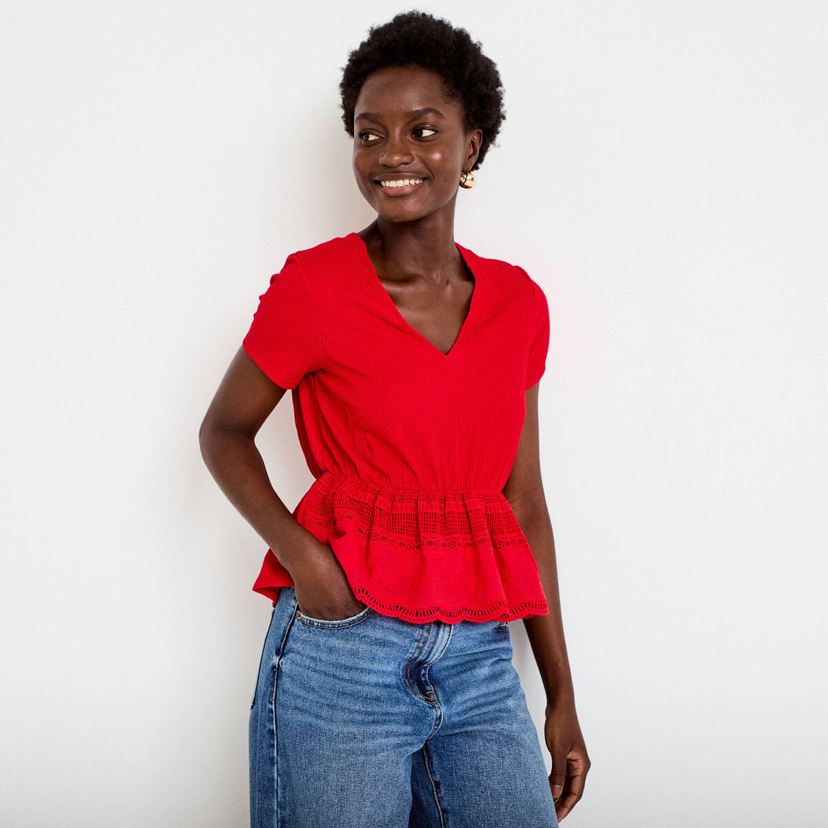 Blouse droite col v manches courtes rouge femme