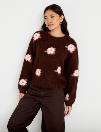 Pull ample col rond manches longues marron fonc&eacute; femme