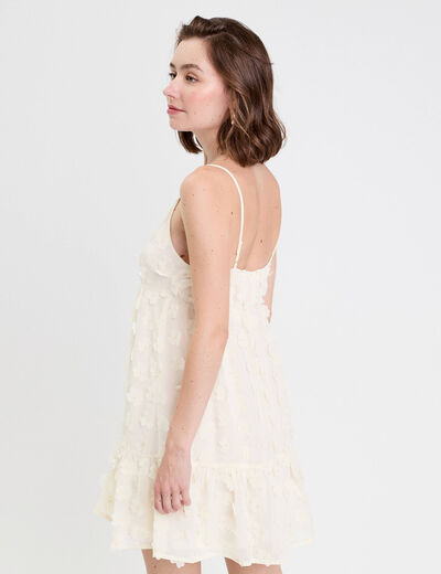 Robe courte évasée col v à bretelles ecru femme