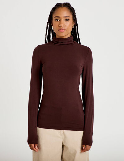 T-shirt uni &agrave; manches longues marron fonc&eacute; femme