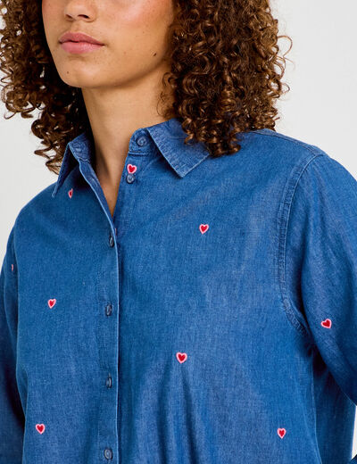 Chemise droite en jean col am&eacute;ricain denim stone femme