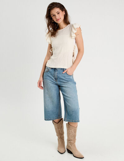 T-shirt brodé avec volants ecru femme
