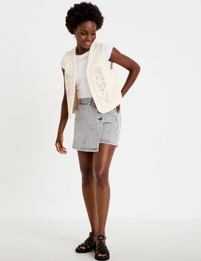 Gilet droit sans manches col rond ecru femme