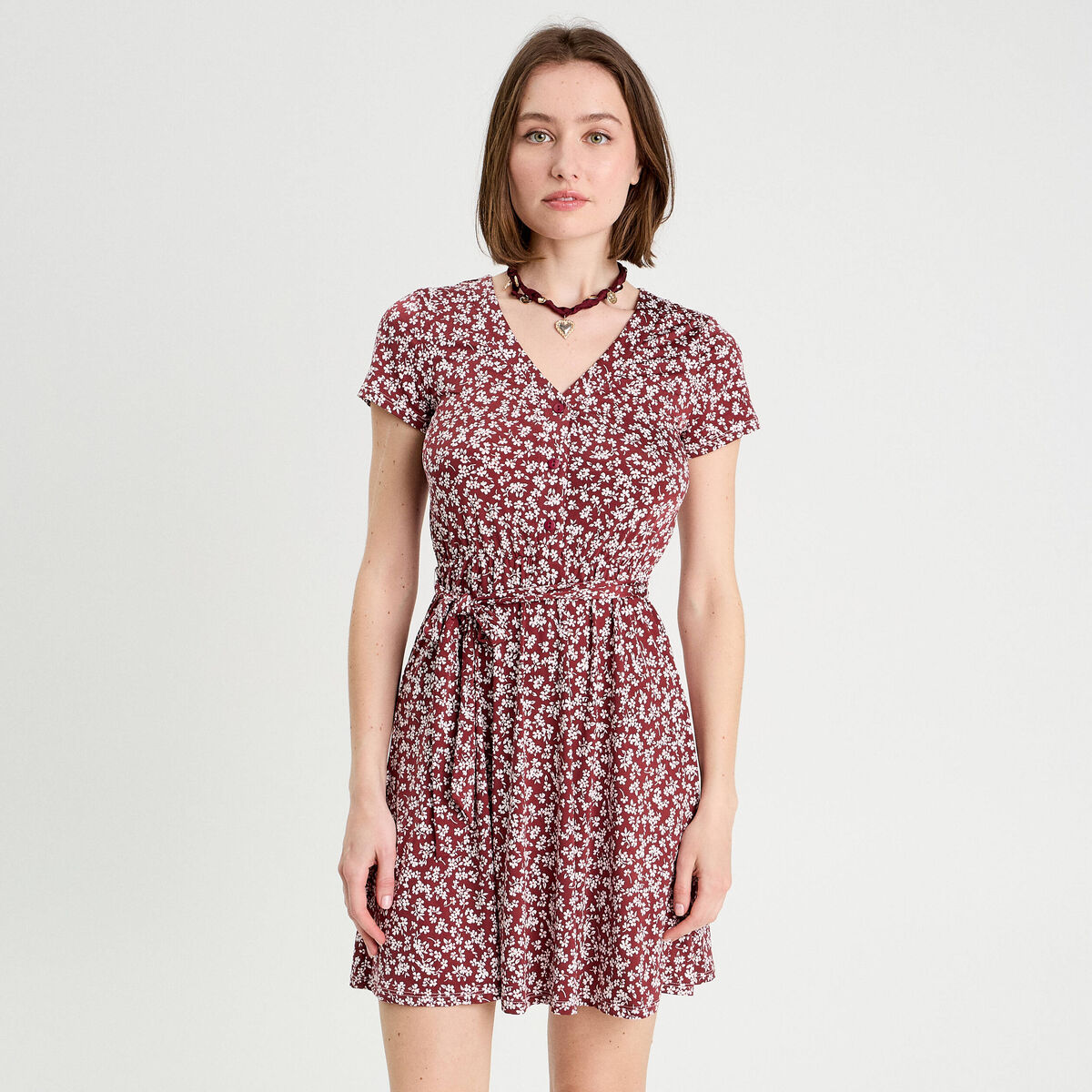 Robe évasée boutonnée marron cognac femme